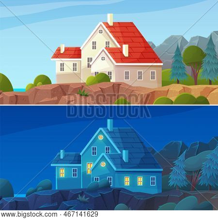 Country House, Huge Cottage, Construction In Nature Landscape. Building Holiday Residence Pleasant T
