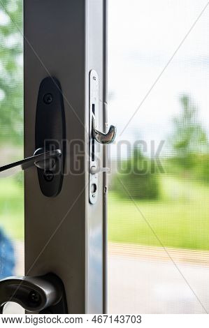 Handle, Locking Hardware, And Jam To A Sliding Glass And Screen Door.
