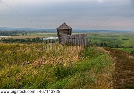 Ancient Wooden Fortress On A Background Of River Spaces. Russia, Tatarstan, Ancient Bulgar Fortress 