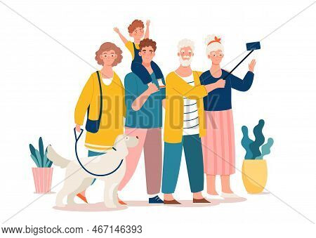 Family Photo Concept. Grandparents With Selfie Stick Photographed With Their Children And Grandchild