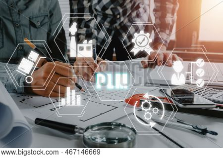 Plm - In Industry, Product Lifecycle Management Concept, Construction Team Worker Working In Office 