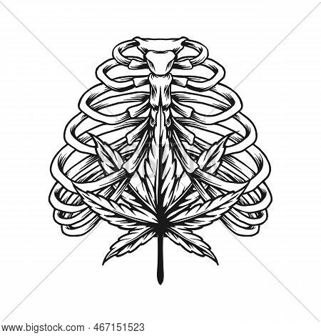 Weed Leaf In Ribcage Bones Outline Vector Illustrations For Your Work Logo, Merchandise T-shirt, Sti