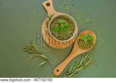 Stevia Green Twig In A Round Cup And A Wooden Spoon.sugar Substitute.stevia Rebaudiana.stevia Plant.