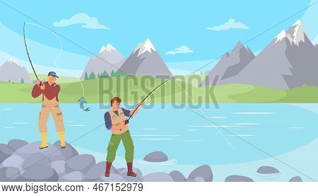 Fisherman Catching Fish At Mountain River Bank