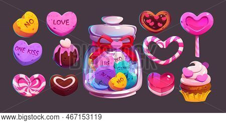 Valentine Day Sweets And Pastry Desserts. Conversation Love Candy With Romantic Messages, Cupcake, H