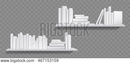 Bookshelves Png Set Isolated On Transparent Background. Stacks Of Blank Books Lying And Standing On 