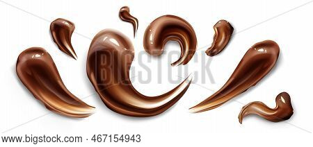 Chocolate Strokes, Brown Liquid Smears, Ganache Sauce Or Syrup Stains And Melt Smudges Isolated On W