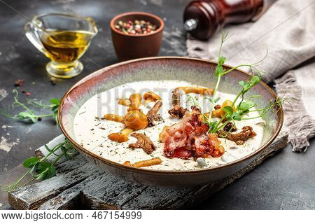 Forest Mushroom Soup. Homemade Cream Of Mushroom. Banner, Menu, Recipe Place For Text, Top View.