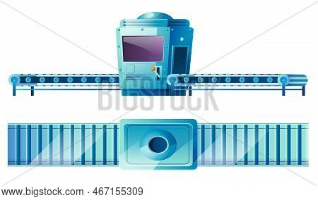 Conveyor Belt At Factory, Plant Or Warehouse In Front And Top View. Vector Cartoon Illustration Of B