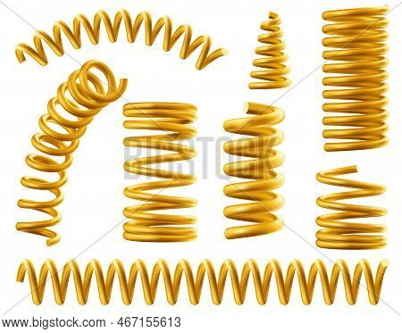 Gold Spring Coils, Flexible Spiral Metal Wire. Vector Realistic Set Of Golden Elastic Springy Coils 