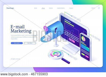 E-mail Marketing Isometric Landing Page With Letter Envelopes In Mailbox Near Computer Desktop, Smar