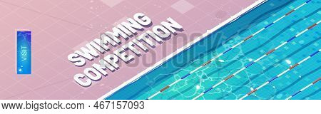 Swimming Competition Cartoon Landing Page. Sport Pool, Top View With Blue Ripped Water, Ceramics Flo