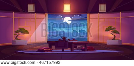 Traditional Japanese Room With Cups And Teapot On Table, Red Cushions And Bonsai. Japanese Tea Cerem