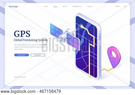 Gps Isometric Landing Page, Global Positioning System, Navigation App On Smartphone Screen With Map 