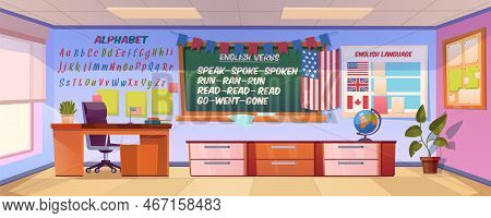 English Language Classroom Interior, Empty School Or College Class Stuff Blackboard With Irregular V