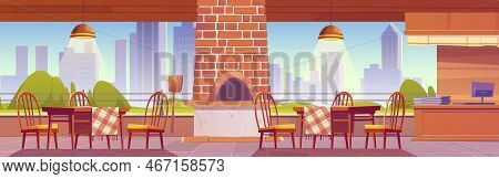 Pizzeria Or Family Outdoor Cafe With Oven For Pizza On Cityscape Background, Empty Cozy Open Air Caf