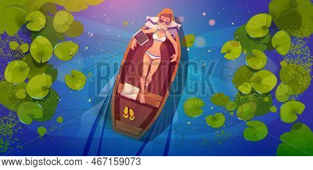 Woman In Bikini Relaxes In Boat Floating In River Or Lake. Top View Of Water Surface With Lily Leave