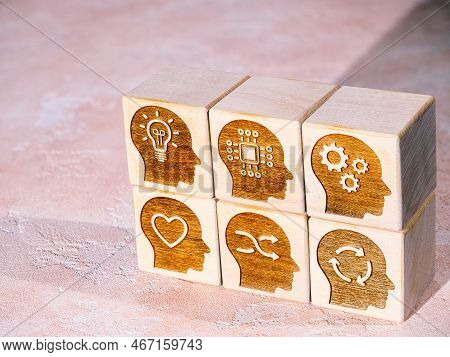 Soft power skills symbols on wood blocks as a new skill, reskilling and upskilling concept