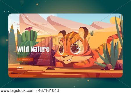 Wild Nature Banner With Tiger Sneaks In Desert. Vector Landing Page With Cartoon Illustration Of San