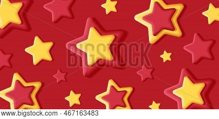 3d Red And Yellow Stars On Red Backdrop, Holiday Season Background, Festive Pattern