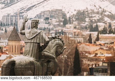 Tbilisi, Georgia. Famous Landmark Equestrian Statue Of King Vakhtang Gorgasali Near Metekhi Church. 