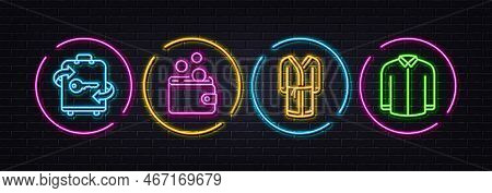 Bathrobe, Luggage And Wallet Money Minimal Line Icons. Neon Laser 3d Lights. Shirt Icons. For Web, A