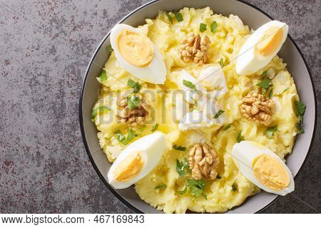 Atascaburras Typical Dish Of Spanish Castilian La Mancha Potato, Cod, Egg And Walnuts Closeup On The