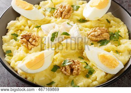 Atascaburras Typical Dish Of Spanish Castilian La Mancha Potato, Cod, Egg And Walnuts Closeup On The