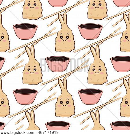 Tempura Kawaii Seamless Pattern. Fried Shrimp In Batter With Soy Sauce. Asian Food Characters. Backg