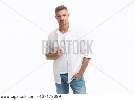 Cheerful Mature Grizzled Man Isolated On White Background. Grizzled Man In White Shirt.