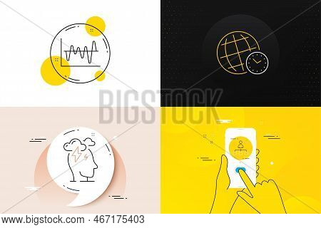Minimal Set Of Stock Analysis, Time Zone And Management Line Icons. Phone Screen, Quote Banners. Str