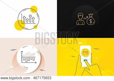 Minimal Set Of Sallary, Credit Card And Diagram Chart Line Icons. Phone Screen, Quote Banners. Upper