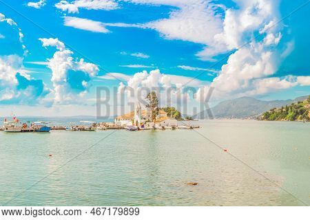 View Of Vlacherna Monastery Island, Kanoni, Corfu Ialand Greece, Toned