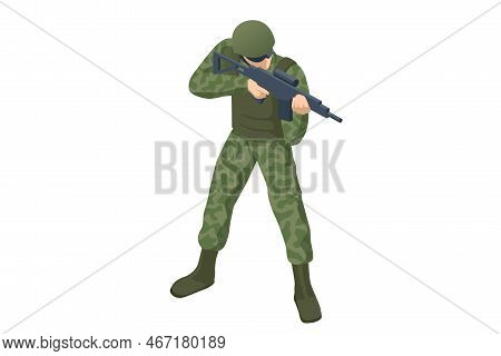 Isometric Special Forces Soldier Police, Swat Team Member. Army Soldier In Protective Combat Uniform