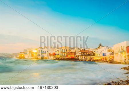 Lettle Venice Waterfront At Mykonos Island At Night, Greece, Toned