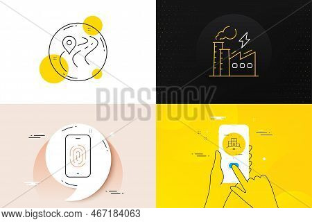 Minimal Set Of Road, Inventory And Fingerprint Line Icons. Phone Screen, Quote Banners. Electricity 