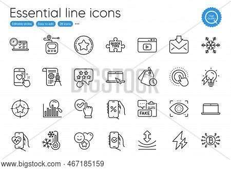 Quick Tips, Bitcoin System And Freezing Line Icons. Collection Of Online Test, Video Content, Cardio
