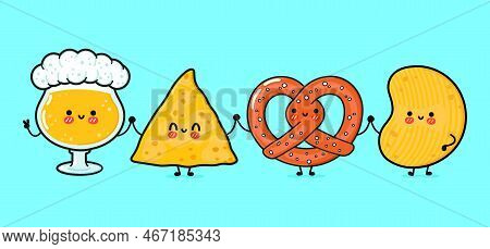 Cute, Funny Happy Glass Of Beer, Nachos, Chips, Pretzel. Vector Hand Drawn Cartoon Kawaii Characters