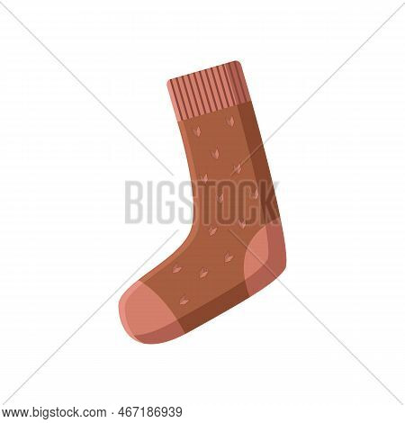 Brown Sock Made From Wool Vector Illustration. Crochet, Handmade Woollen Sock On White Background. W