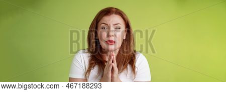 Please Need Help Asap. Tender Timid Redhead Middle-aged Woman Plead Press Palms Together Pray Beggin