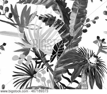 Monochrome Seamless Pattern With Tropical Flowers And Leaves Painted In Drybrush Gouache For Textile