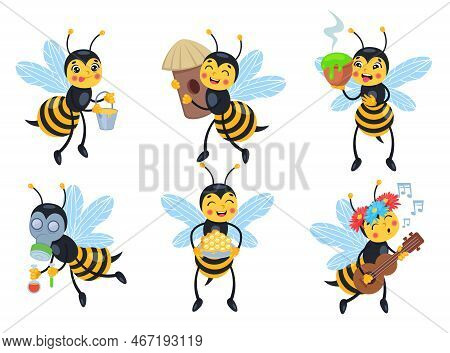 Different Actions Of Comic Honeybee Vector Illustrations Set. Bee Cartoon Character With Bucket Of H