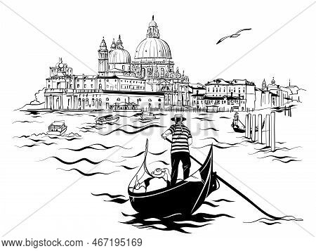 Gondolier In Gondola On Grand Canal, Saint Mary Of Health In Background, Venice, Italy. Black And Wh