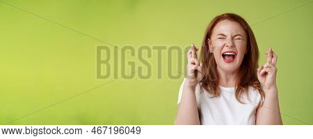 Woman Implore God Protection. Close Eyes Yelling Thrilled Cross Fingers Good Luck Making Wish Desire