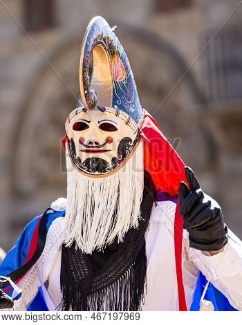 Santiago De Compostela, Spain; September, 07, 2019: Man With Traditional Costume And Mask Called Pan