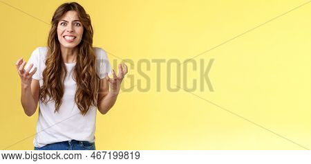 Annoyed Curly-haired Caucasian Irritated Distressed Girl Cringe Outraged Clench Teeth Frowning Furio