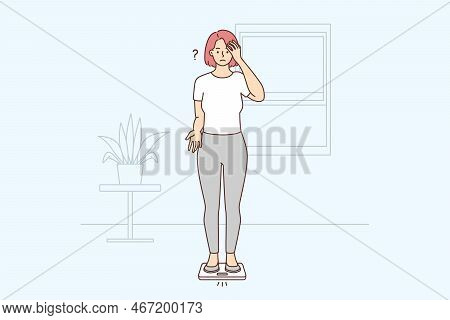 Confused Woman Stand On Scales Surprised With Weight On Display. Unhappy Female Feel Frustrated With