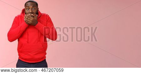 Shocked Gasping Surprised African-american Guy Overhear Stunning Rumour Press Palms Mouth Not Slip W