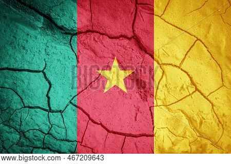 Flag Of Cameroon. Cameroon Symbol. Flag On The Background Of Dry Cracked Earth. Cameroon Flag With D