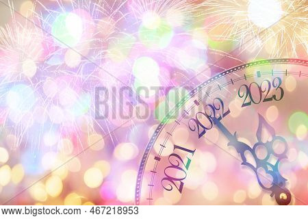 Clock Face On A Christmas Background. The Year 2023 Is Coming Soon. The Concept Of The New Year.